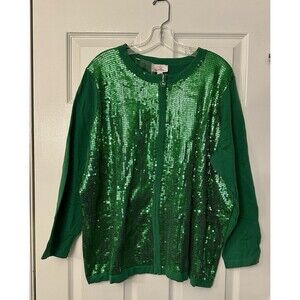 NEW Quacker Factory womens plus Green Sequin Zip Cardigan Sweater Top 2X XXL 2XL